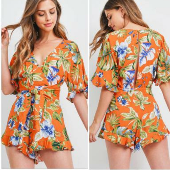 SKYLAR + MADISON Vibrant Rust Tropical Romper - Picture 5 of 7